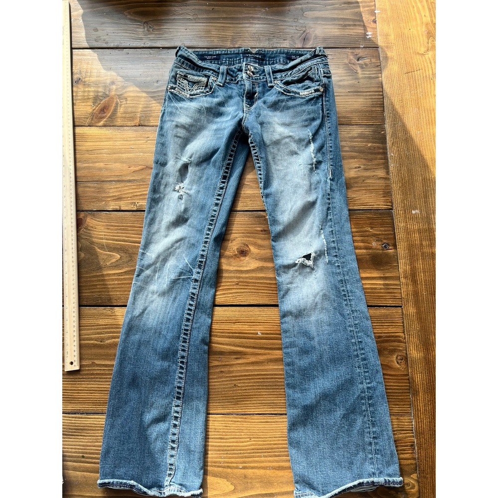 Vigoss Womens Bootcut Jeans Size 5/6 Blue Distressed Embroidered Flap Pocket Y2K